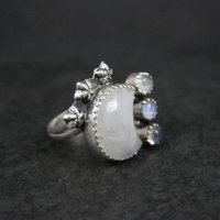 Rainbow Moonstone Crescent Moon Stars Ring Sterling Silver Adjustable