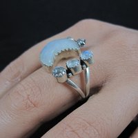 Rainbow Moonstone Crescent Moon Stars Ring Sterling Silver Adjustable