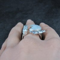 Rainbow Moonstone Crescent Moon Stars Ring Sterling Silver Adjustable