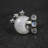Rainbow Moonstone Crescent Moon Stars Ring Sterling Silver Adjustable
