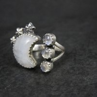 Rainbow Moonstone Crescent Moon Stars Ring Sterling Silver Adjustable
