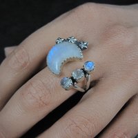 Rainbow Moonstone Crescent Moon Stars Ring Sterling Silver Adjustable