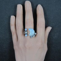 Rainbow Moonstone Crescent Moon Stars Ring Sterling Silver Adjustable