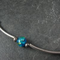 Blue Dichroic Glass and Crystal Bead Necklace Sterling Silver 19"