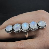 Long Rainbow Moonstone Ring 925 Sterling Silver Adjustable Size 8