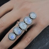 Long Rainbow Moonstone Ring 925 Sterling Silver Adjustable Size 8