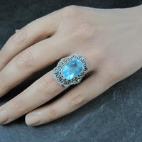 Vintage Balinese Sterling Topaz Blue Glass Ring Size 8