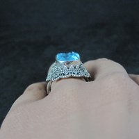 Vintage Balinese Sterling Topaz Blue Glass Ring Size 8