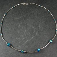 Blue Dichroic Glass and Crystal Bead Necklace Sterling Silver 19"