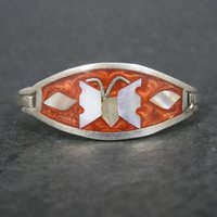 Small Alpaca Silver Mother of Pearl Butterfly Bangle Bracelet 5"