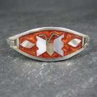 Small Alpaca Silver Mother of Pearl Butterfly Bangle Bracelet 5"
