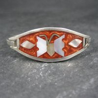 Small Alpaca Silver Mother of Pearl Butterfly Bangle Bracelet 5"