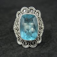 Vintage Balinese Sterling Topaz Blue Glass Ring Size 8