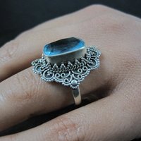 Vintage Balinese Sterling Topaz Blue Glass Ring Size 8