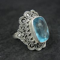 Vintage Balinese Sterling Topaz Blue Glass Ring Size 8