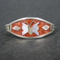 Small Alpaca Silver Mother of Pearl Butterfly Bangle Bracelet 5"