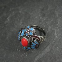 Vintage Enamel Ring 900 Silver Adjustable