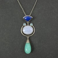 Sterling Lapis Lazuli Banded Agate Aventurine Opal Pendant
