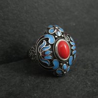 Vintage Enamel Ring 900 Silver Adjustable