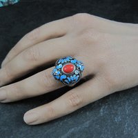 Vintage Enamel Ring 900 Silver Adjustable