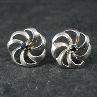 Vintage Black Spinel Flower Earrings 5/8" Sterling Silver