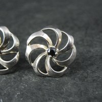 Vintage Black Spinel Flower Earrings 5/8" Sterling Silver