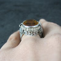 Antique Filigree Sterling Topaz Glass Leaf Ring Size 6