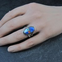 Vintage Sterling Inlay Ring Size 7 Southwestern Silver