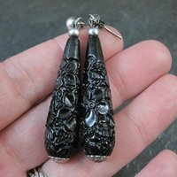 Vintage Carved Black Cinnabar Earrings