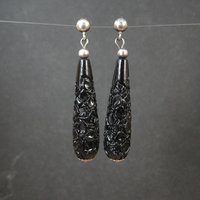 Vintage Carved Black Cinnabar Earrings