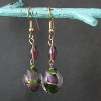 Long Purple & Green Art Glass Earrings