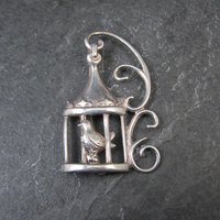Vintage Sterling Silver Bird in Birdcage Brooch