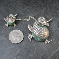 Vintage Sterling Green Calcite Mama Duck & Duckling Brooch Mexican Silver