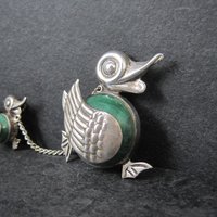 Vintage Sterling Green Calcite Mama Duck & Duckling Brooch Mexican Silver
