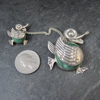 Vintage Sterling Green Calcite Mama Duck & Duckling Brooch Mexican Silver