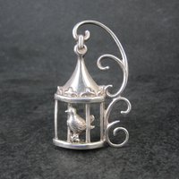 Vintage Sterling Silver Bird in Birdcage Brooch