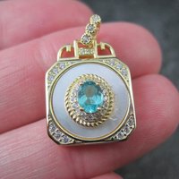 Apatite White Zircon Mother of Pearl Pendant Vermeil Sterling Estate