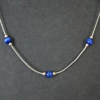 1990s Sterling Silver Blue Cats Eye Bead Necklace 16"
