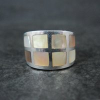 Wide Mother of Pearl Sterling Silver Band Ring Size 6 Vintage