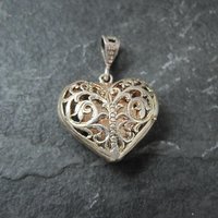 Vintage Puffy Filigree Heart Pendant Reversible Sterling Silver Diamond Cut
