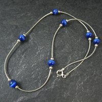 1990s Sterling Silver Blue Cats Eye Bead Necklace 16"