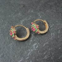 Small Vintage 9K Ruby and Emerald Hoop Earrings 5/8"