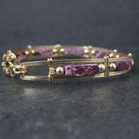 Purple Jasper Wire Wrapped Bangle Bracelet 14K Gold Filled 7.25"
