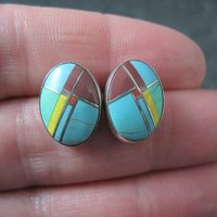 Vintage Sterling Inlay Earrings Southwestern Silver