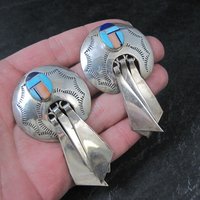 Large Southwestern Sterling Inlay Earrings Turquoise Lapis Spiny Oyster