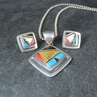 Vintage Southwestern Sterling Inlay Pendant and Earrings Jewelry Set