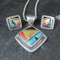 Vintage Southwestern Sterling Inlay Pendant and Earrings Jewelry Set