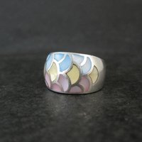 Wide Mother of Pearl Sterling Silver Band Ring Size 8 Vintage