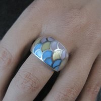 Wide Mother of Pearl Sterling Silver Band Ring Size 8 Vintage
