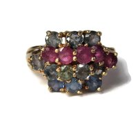 Unusual Vintage 10K Ruby Spinel Topaz Cluster Ring Size 7
